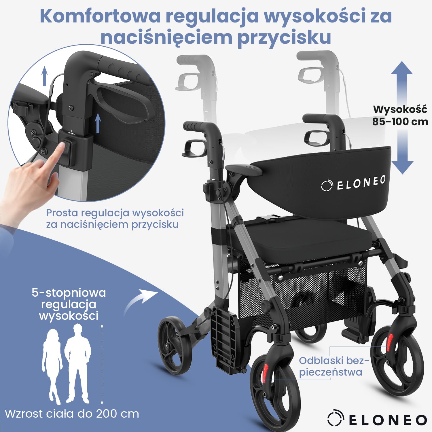 ELONEO 2 w 1 Wózek inwalidzki i balkonik rehabilitacyjny składany i lekki z siedziskiem, terenowy rollator wózek inwalidzki składany lekki na każdy teren, wózek transportowy, szary