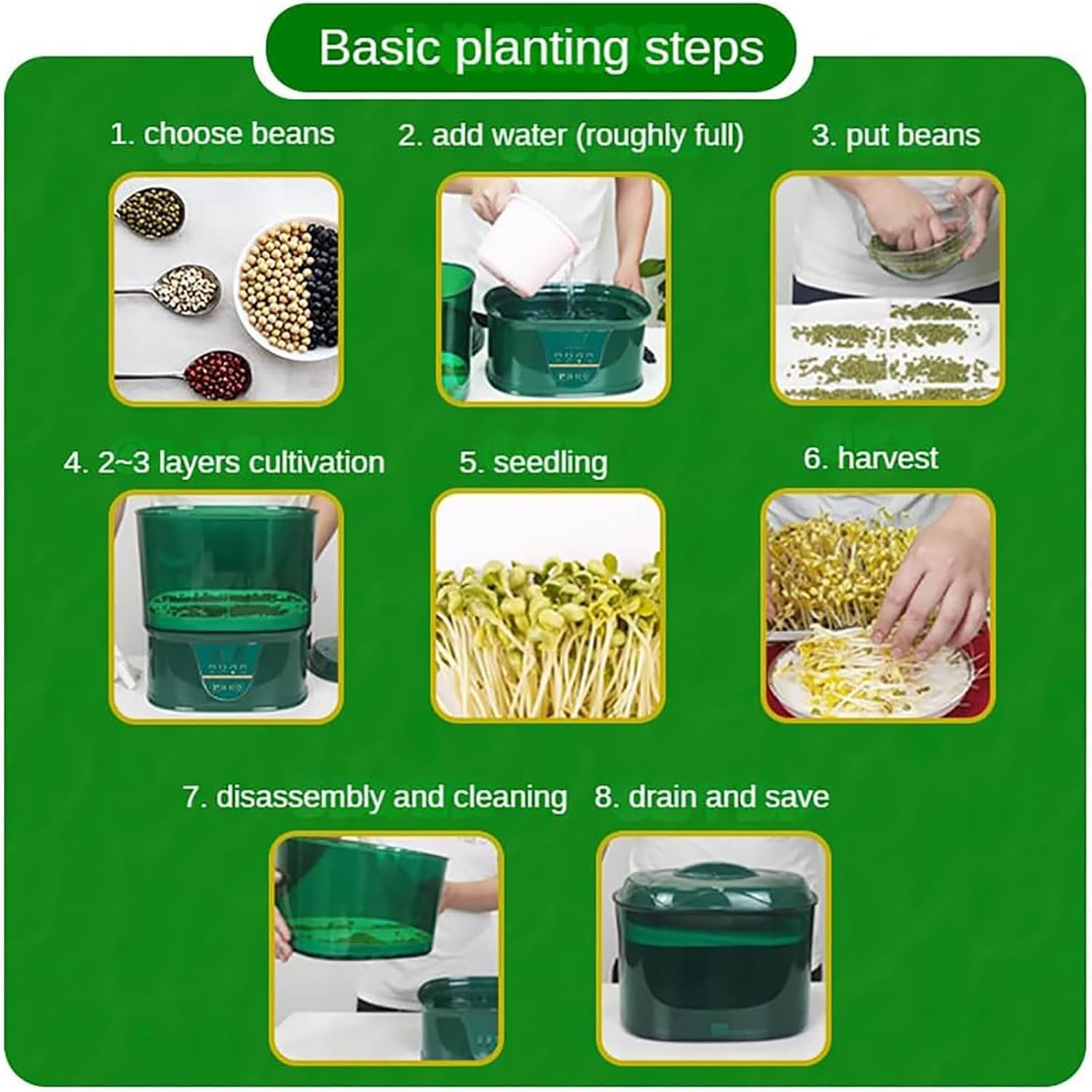 Machine automatique de germes de haricots, germination de graines à 2 couches pour soja, haricots mungo, haricots rouges, radis – Kit de culture en cuisine pour usage domestique
