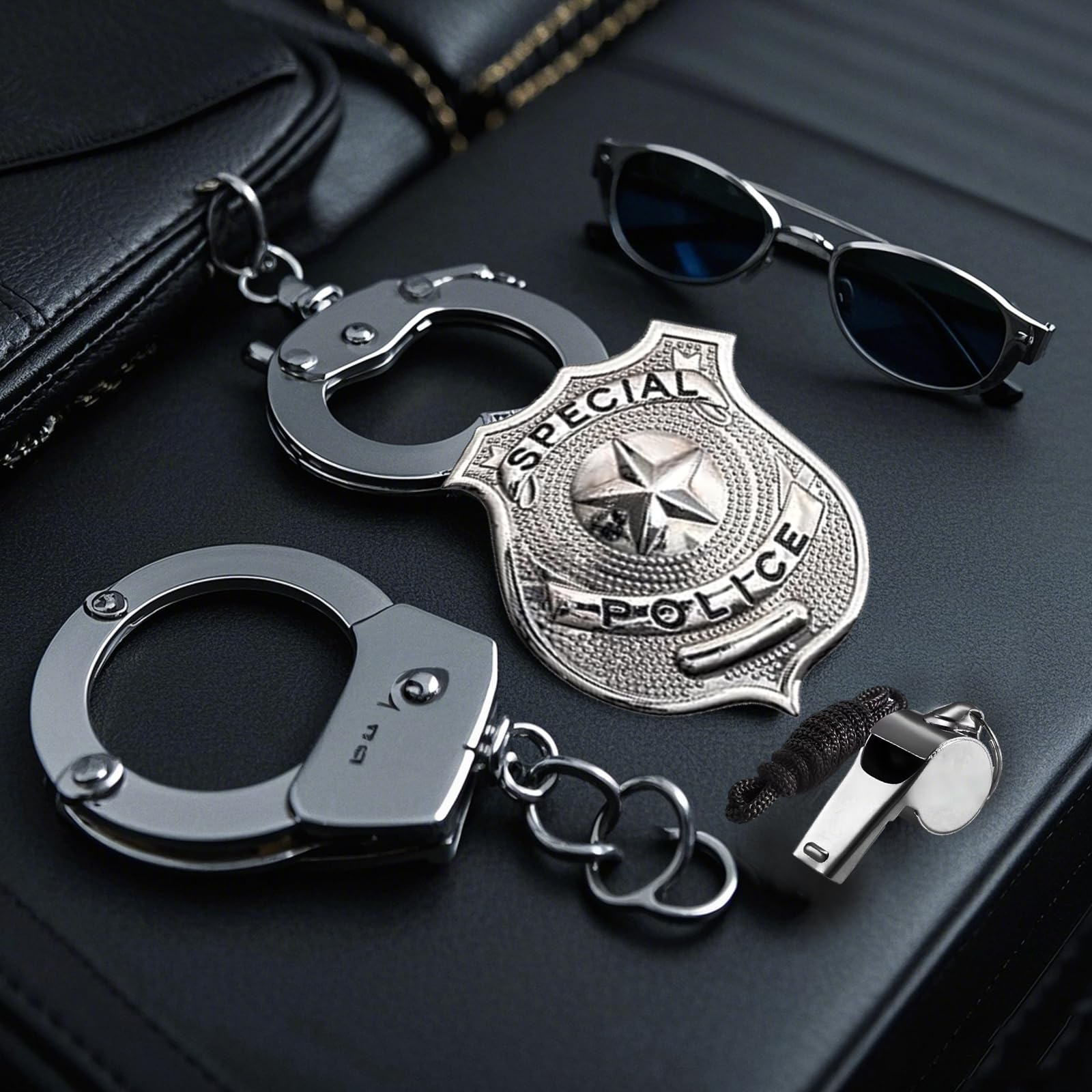 MUFEKUM Police Costume Accessories, Police Fancy Dress Set including Badge Handcuffs Key and Glasses - Image 3