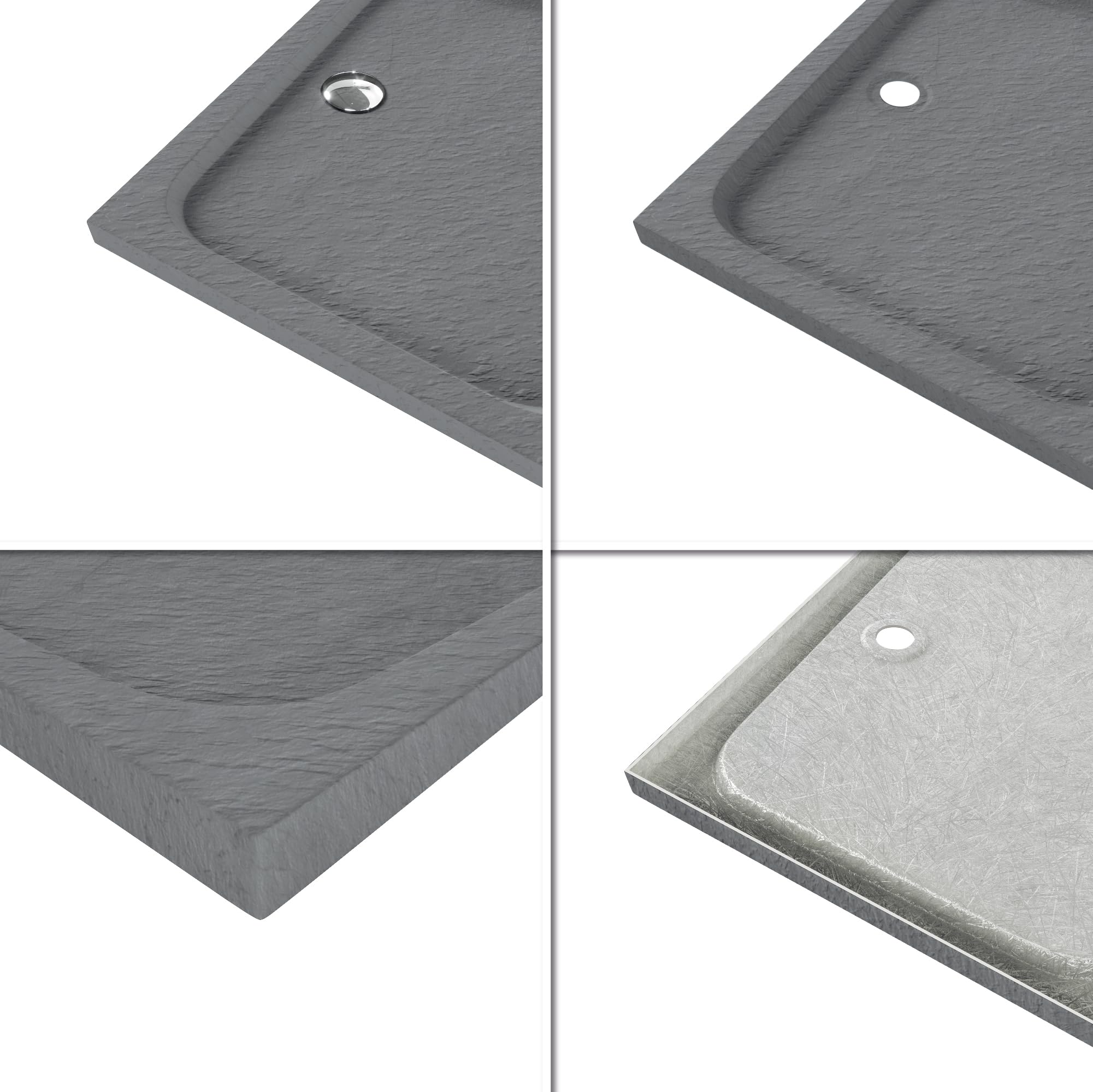 Duschwanne SHIMMER STONE 100x120 cm in Grau, flache rechteckige Duschtasse aus langlebigem Sanitäracryl in Schieferoptik inkl. Ablaufgarnitur (Siphon) mit Geruchsverschluss
