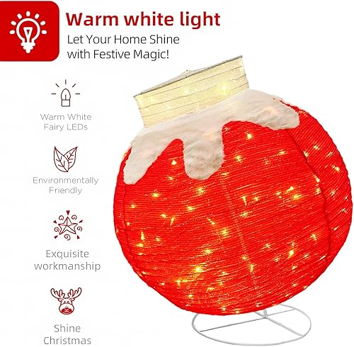 Miniatura 3 de Esfera gigante iluminada emergente de Navidad para exteriores, 240 luces LED, bola colgante gigante forrada a mano para decoración del hogar, Rojo,