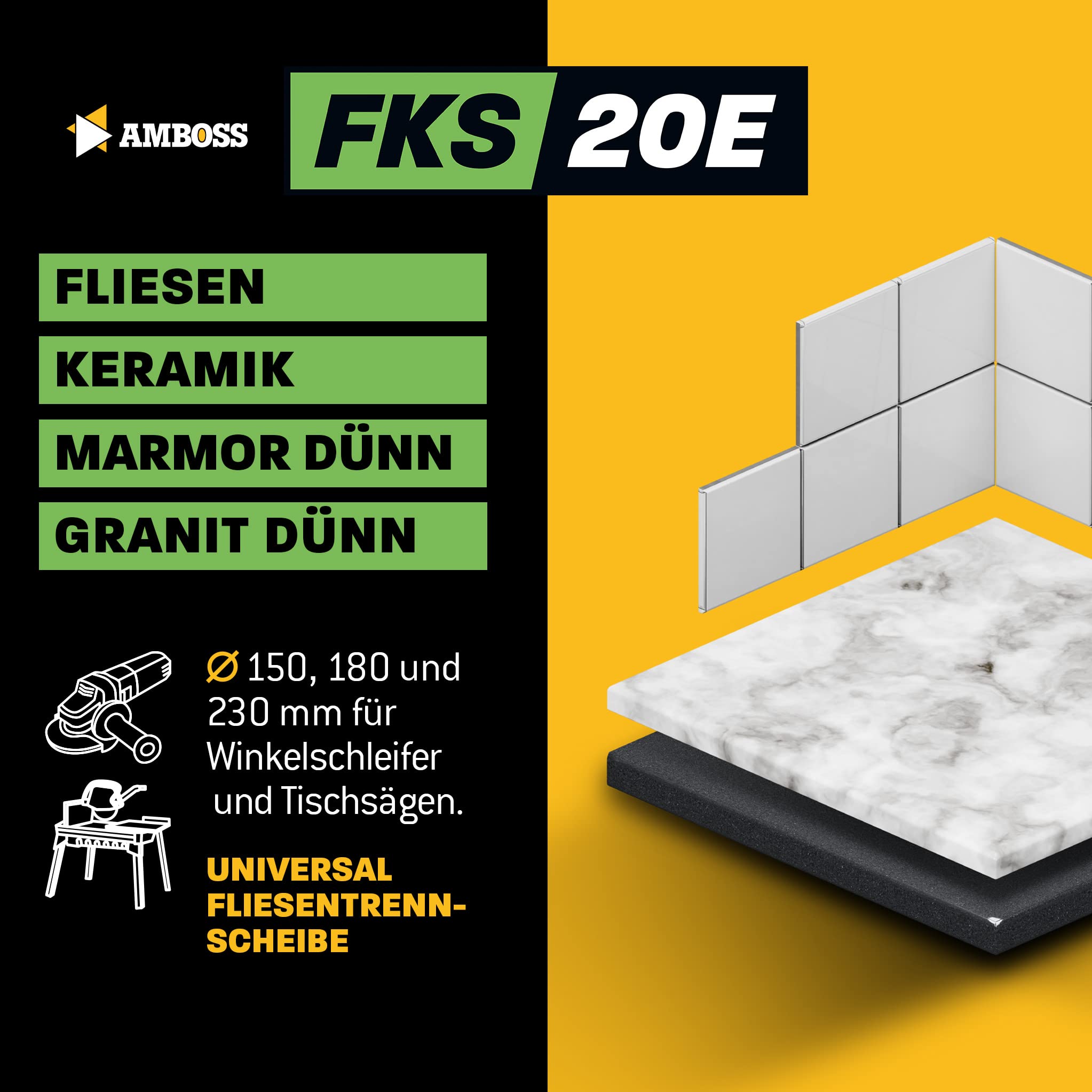 Amboss FKS 20 - diamentowa tarcza tnąca Ø 180 mm x 22,2 mm - płytki / ceramika/marmur | Wysokość segmentu: 5 mm (spiekana)