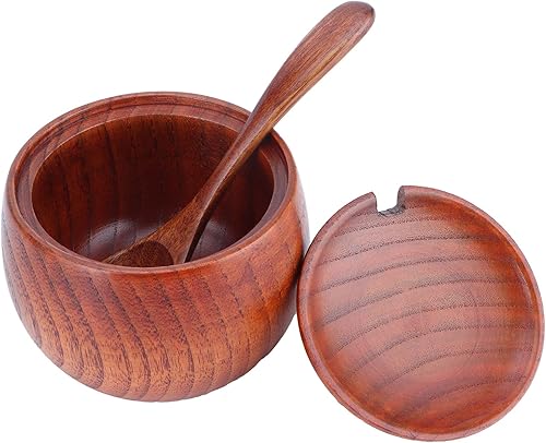 Olla de especias de madera, bodega de sal de madera natural con tapa y cuchara, contenedor de azúcar, tarro de especias vintage, recipiente de