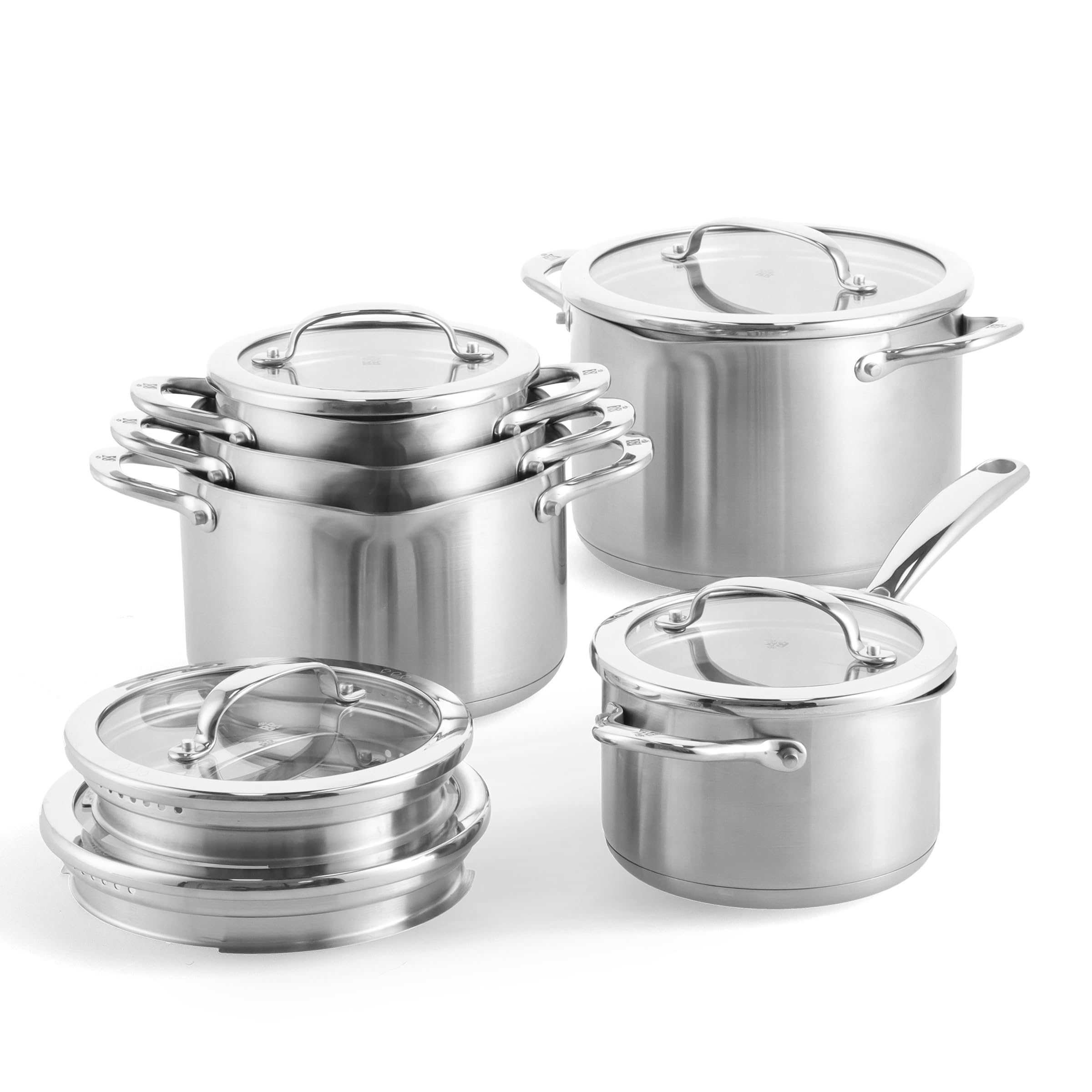 BK Twist 5 sztuk ze stali nierdzewnej z pokrywkami: rondel i 4 garnki, wbudowany system sitka, układanie w stos, indukcyjne, piekarnik 220°C, zmywarka