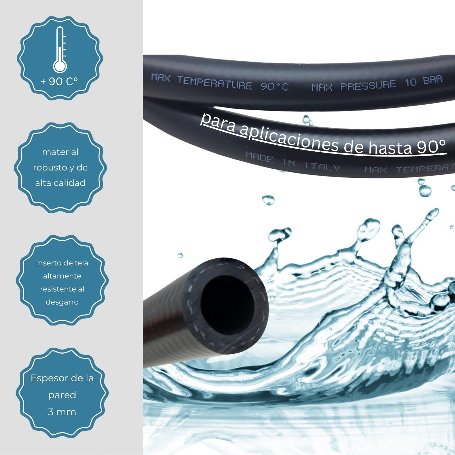 LICHTBLAU Aquastop - Alargador de agua caliente hasta +90° grados I 4 m I 3/4 pulgadas lavadora lavavajillas I 2727 I Manguera de agua caliente con rosca de metal I Incluye junta