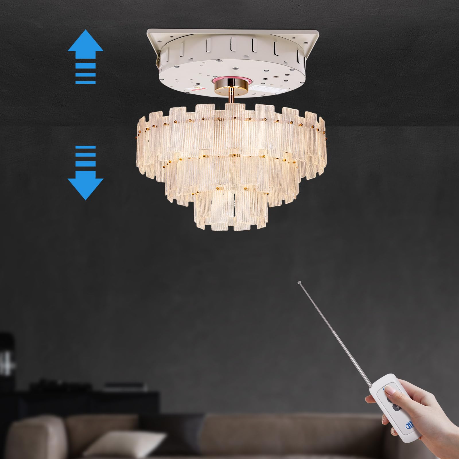 Electric Chandelier Hoist, 2 in 1 Chandelier Hoist Lifter System, 220 lbs Lift 26.25 Stroke Villas Pendant Lamps Lifter with Remote and Wall Switch for Fixture Cleaning and Maintenance