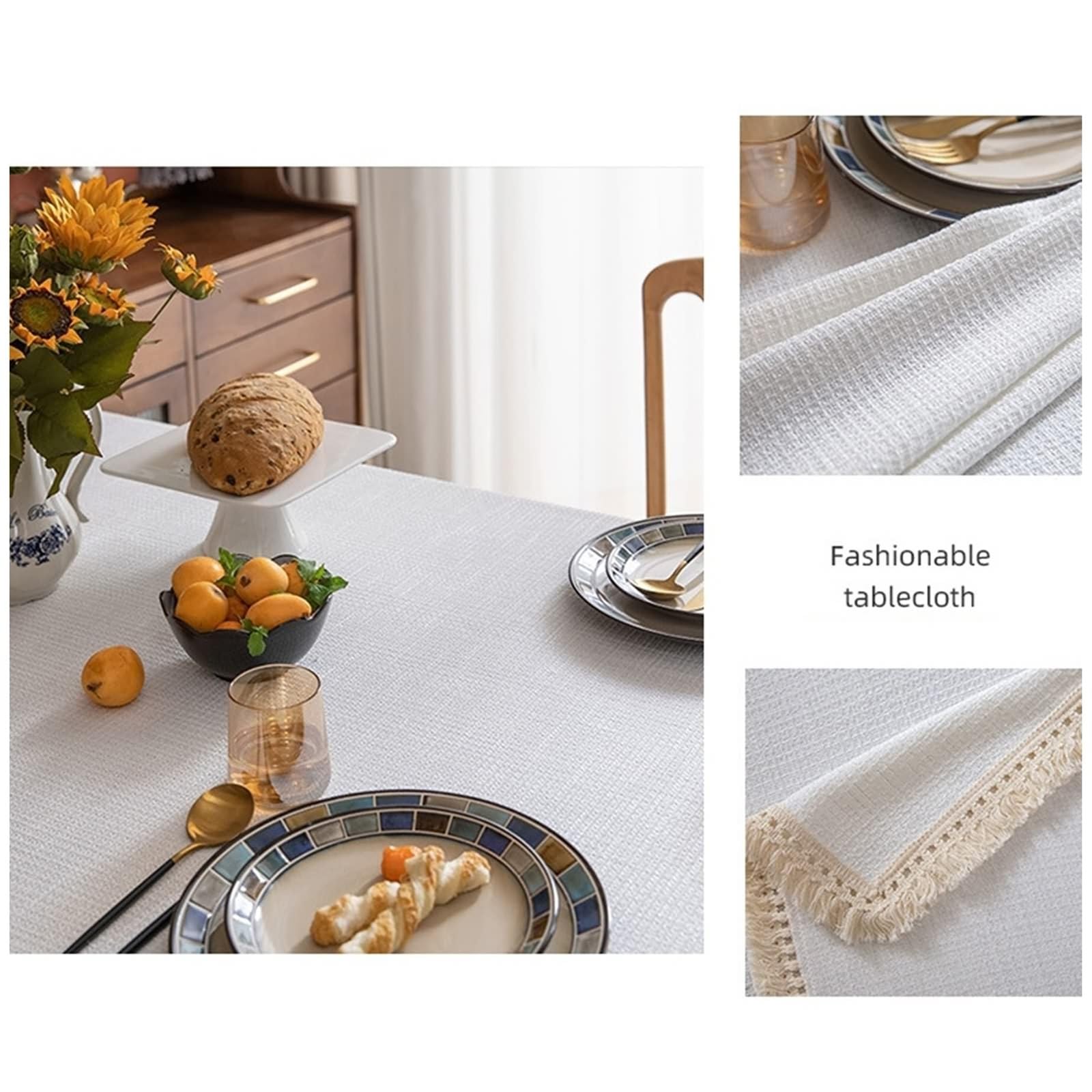 Nappe Grande Longueur 300 cm, Nappe Anti Tache Polyester 8-10 Personnes Gaufré Blanc-Gris avec Pompons