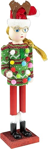 Miniatura 4 de Clever Creations Ugly Sweater Girl - Cascanueces de madera tradicional de 14 pulgadas, decoración navideña festiva para estantes y mesas (suéter feo