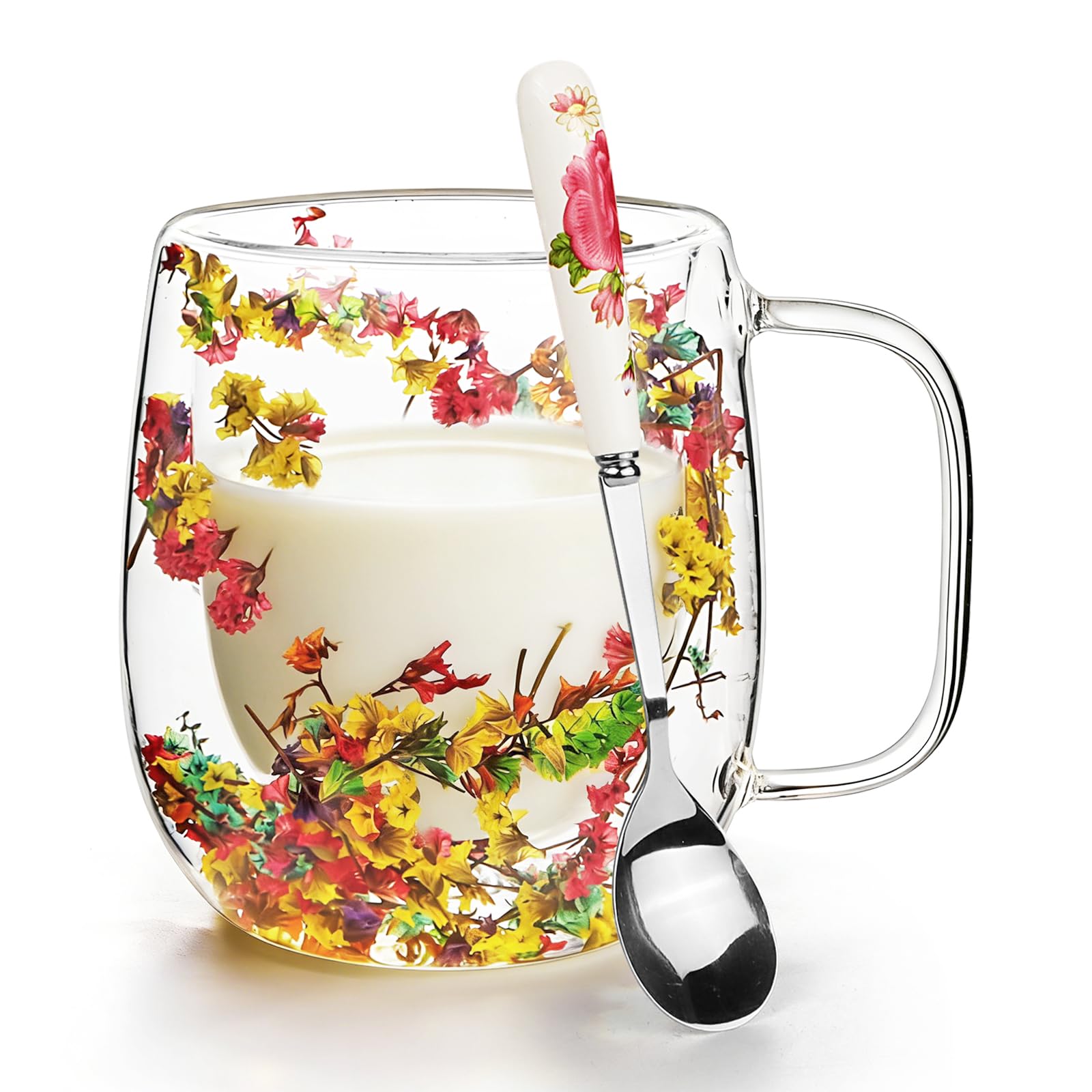Wieat Coffee Mug, 300ml Dried Flower Double Walled Glass Mug, Coffee Cups with Spoon, Tea Cup for Hot and Cold Drinks, Birthday Gifts for Women