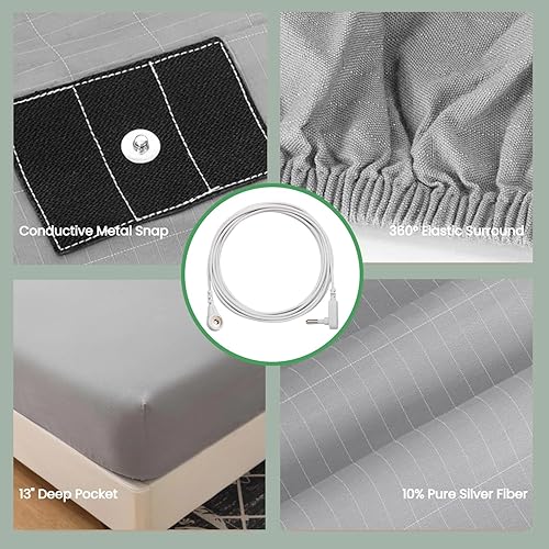 Miniatura 5 de GLUYOHEY Grounding - Sábanas bajeras, tamaño Queen, 90% algodón orgánico + 10% fibra plateada pura, sábana de tierra con cable de conexión, sábana