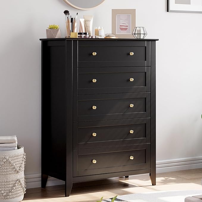 GarveeHome Black 5 Chest of Drawer Dresser, Modern Tall Nightstand with Deep Drawers and Nickel Round Handle, Wood Organizer Storage Cabinet for Bedroom, Living Room, Hallway