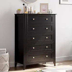 GarveeHome Black 5 Chest of Drawer Dresser, Modern Tall Nightstand with Deep Drawers and Nickel Round Handle, Wood Organizer Storage Cabinet for Bedroom, Living Room, Hallway