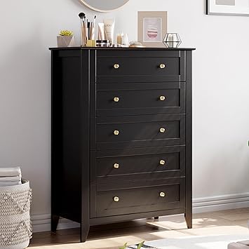 GarveeHome Black 5 Chest of Drawer Dresser, Modern Tall Nightstand with Deep Drawers and Nickel Round Handle, Wood Organizer Storage Cabinet for Bedroom, Living Room, Hallway