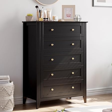 GarveeHome Black 5 Chest of Drawer Dresser, Modern Tall Nightstand with Deep Drawers and Nickel Round Handle, Wood Organizer Storage Cabinet for Bedroom, Living Room, Hallway