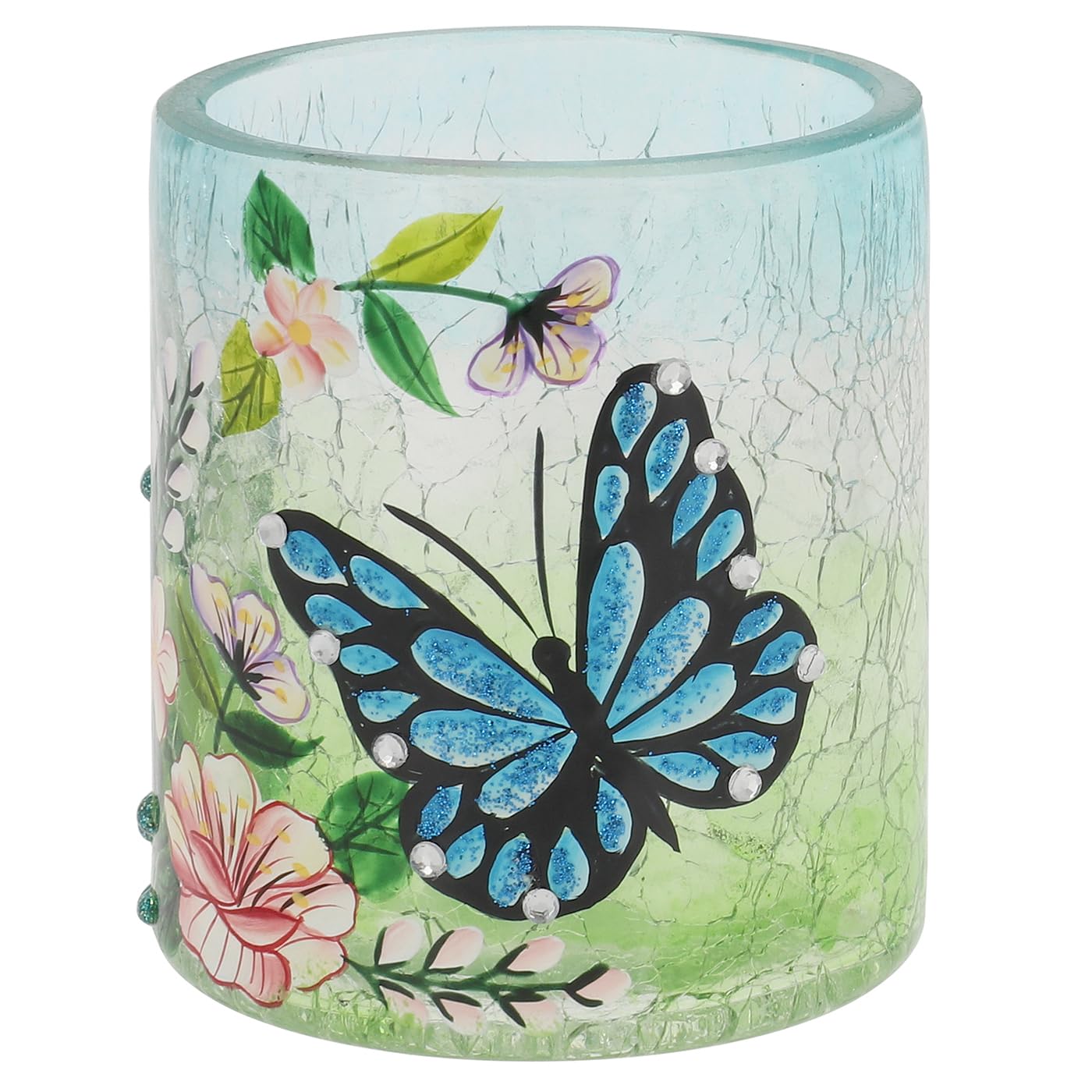 Shudehill Giftware Multicolor Crackle Glass Tealight Holder, Blue Butterfly And Floral Design, Small Decorative Candle Holder, 8.2 X 7 X 7 Cm