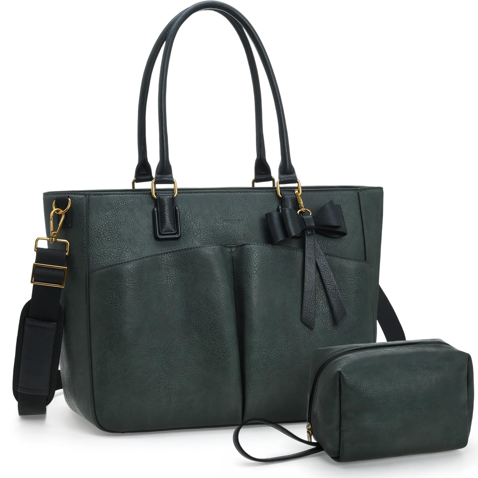 Laptop Tote Bag for Women, Leather Work Tote with Padded Laptop Compartment, Cup Holder, Office Computer Briefcase