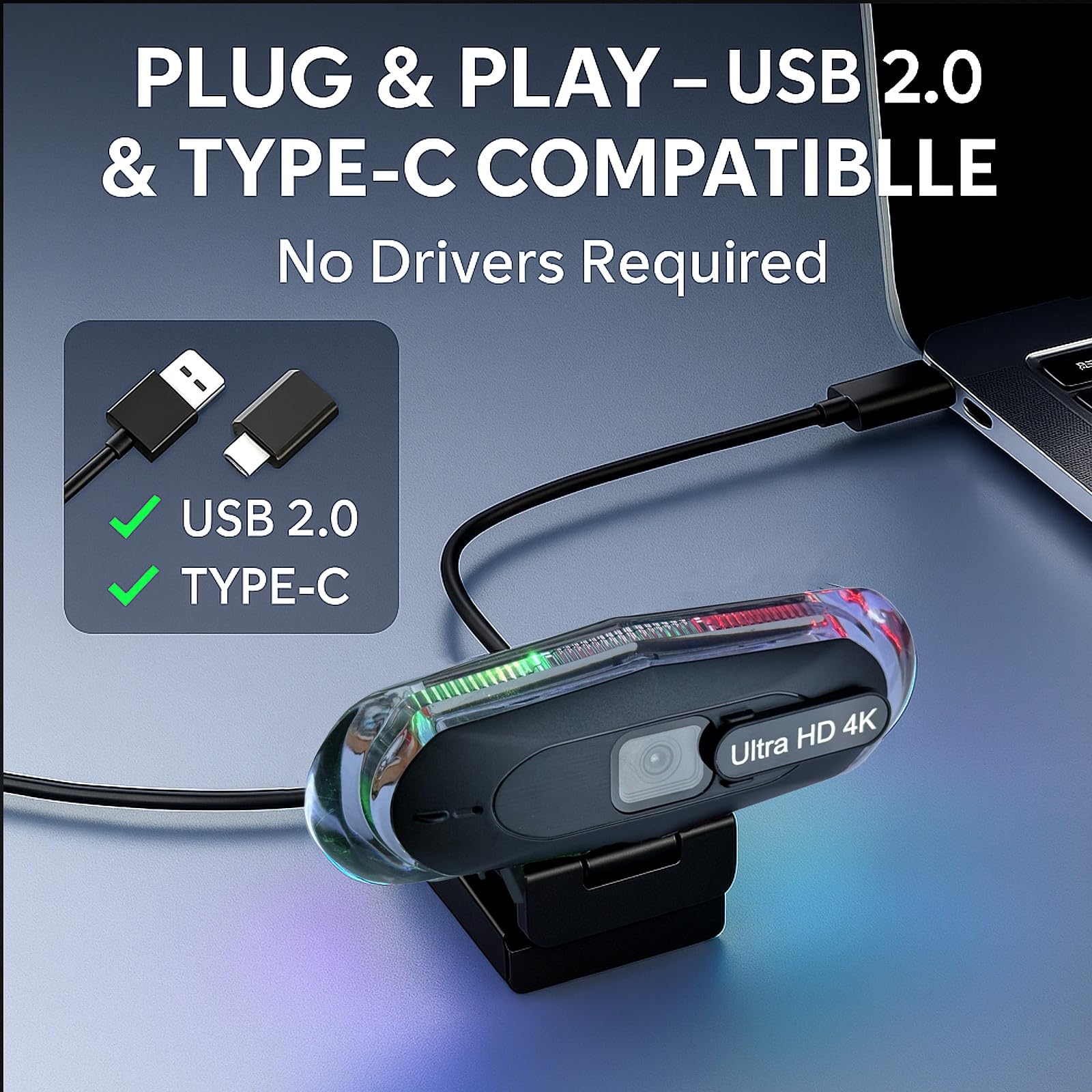 4K & 1080P 60FPS Webcam with Autofocus, Dual Mics, RGB Lighting, Privacy Cover, & Play for Streaming/Conferencing(4K AF)