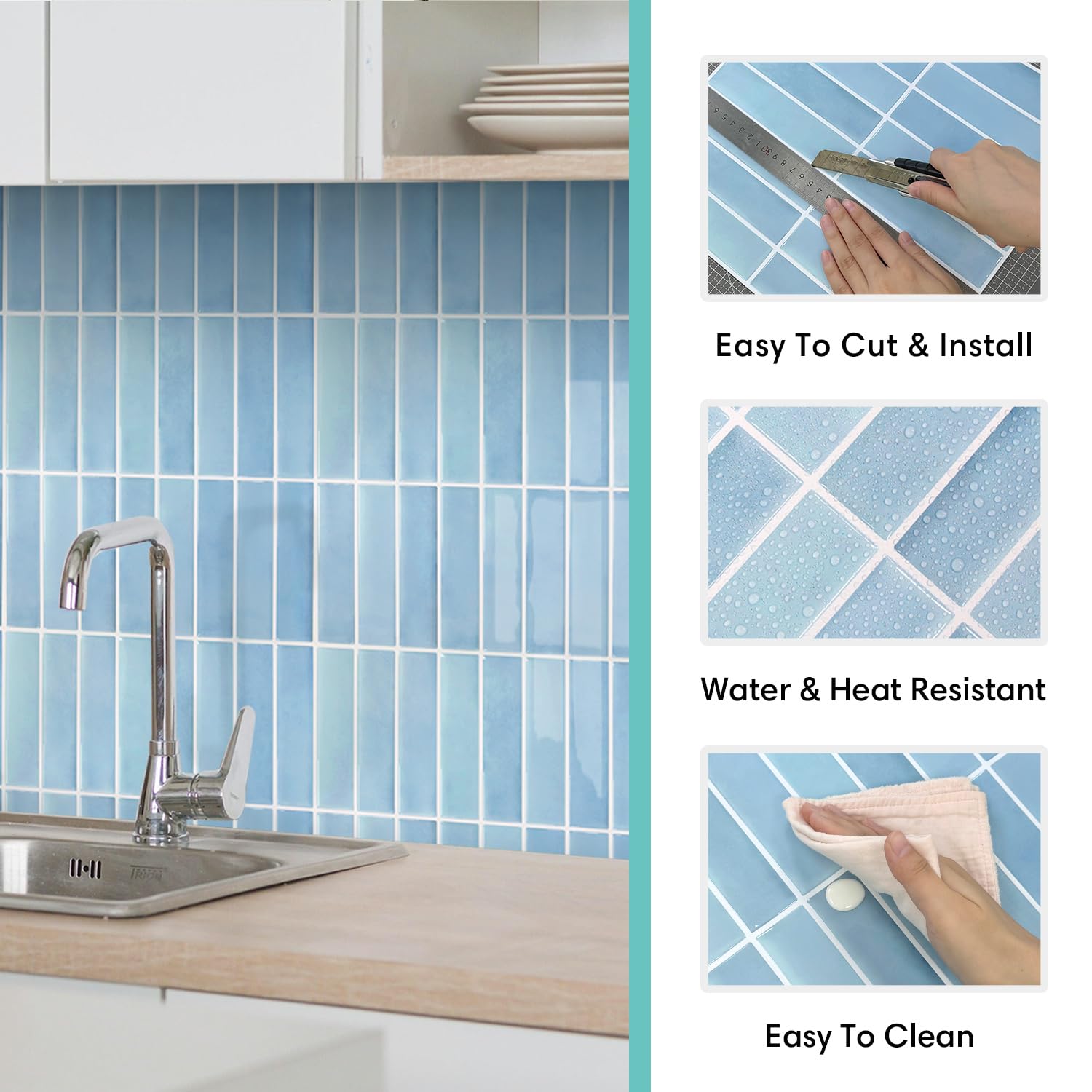 Commomy dikkere vinyl 3D zelfklevende wandtegels keuken badkamer, Zwarte, 10 stuks, 30,5 x 30,5 cm, plaktegels zelfklevend plakkende achterwand, metro wandtegelstickers