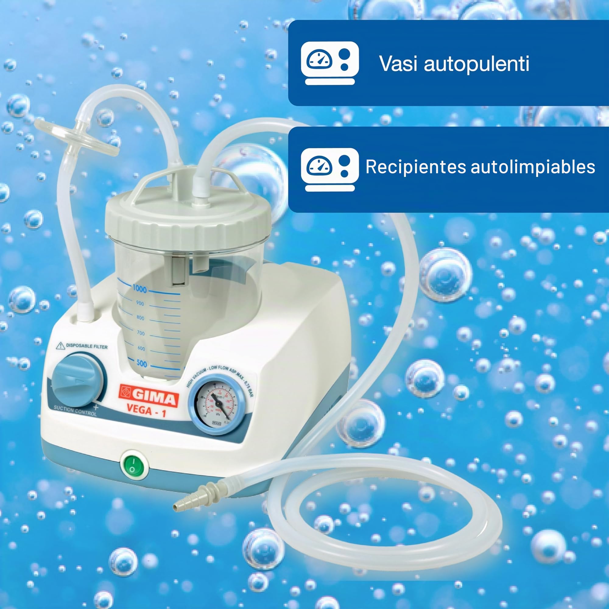 Gima - Aspirador quirúrgico Vega Uno, compacto y confiable, creado con estilo para cirugía pequeña, 28209