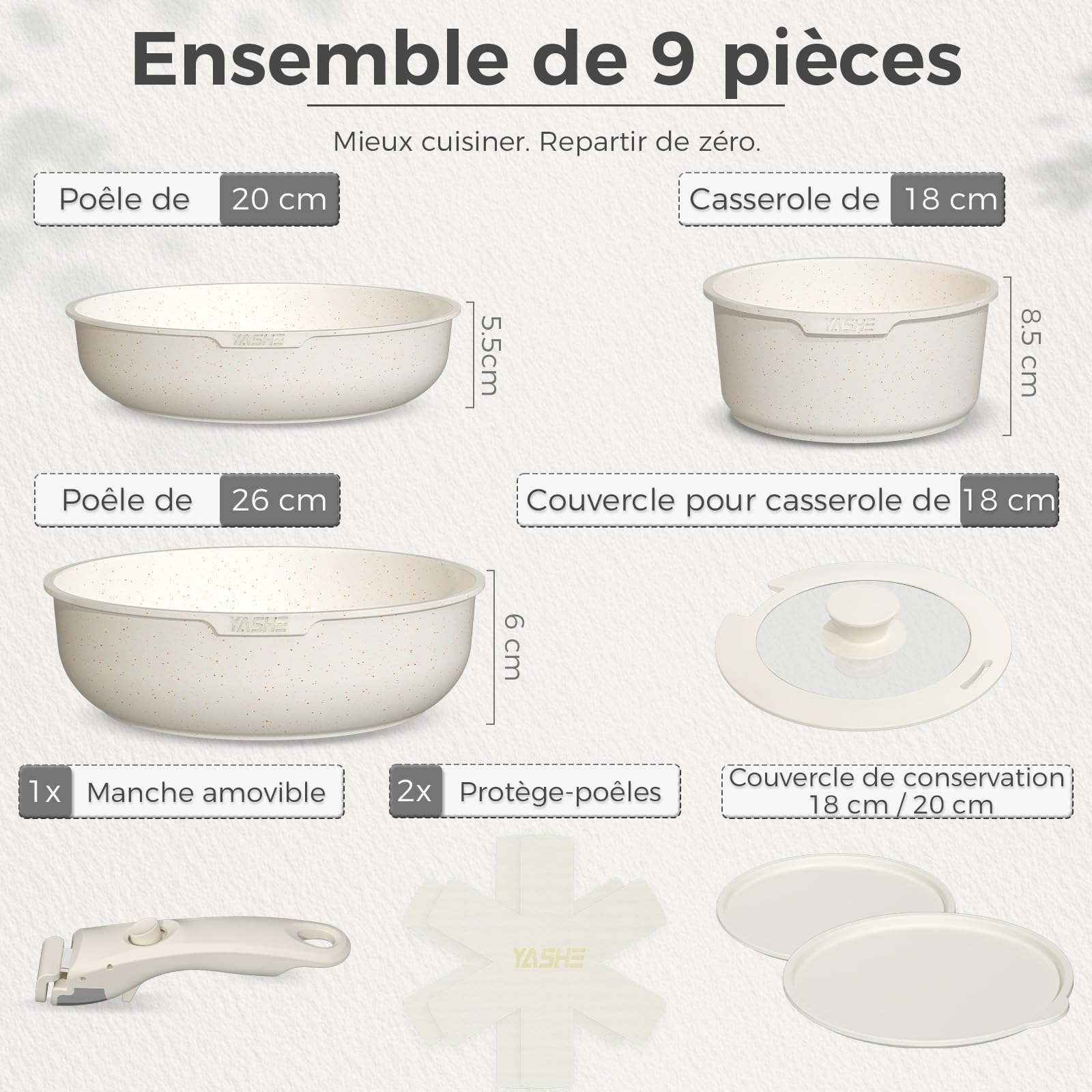 YASHE Batterie de Cuisine 9 Pièces, Set de Casseroles et Poêles Antiadhésives, Compatible Tous Feux dont Induction, Poignées Amovibles, Passe au Four, Design Empilable et Gain de Place, Blanc