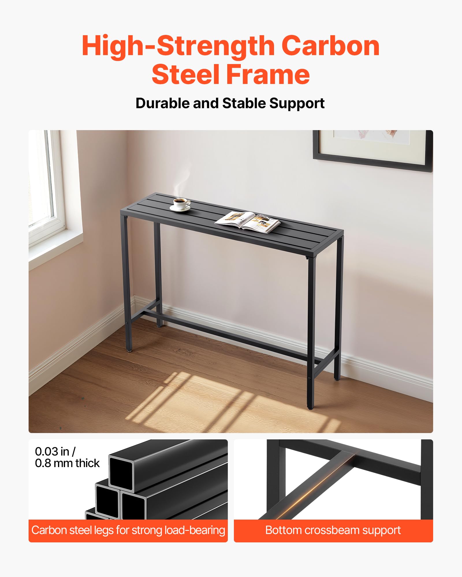 VEVOR Bartisch, 1200 x 375 x 980 mm, Bistrotisch, Stehtisch mit Metallgestell, rechteckige Esstische, Küchentisch, Tresentisch, Partytisch, Gartenmöbel für Balkon, Garten, Poolrand
