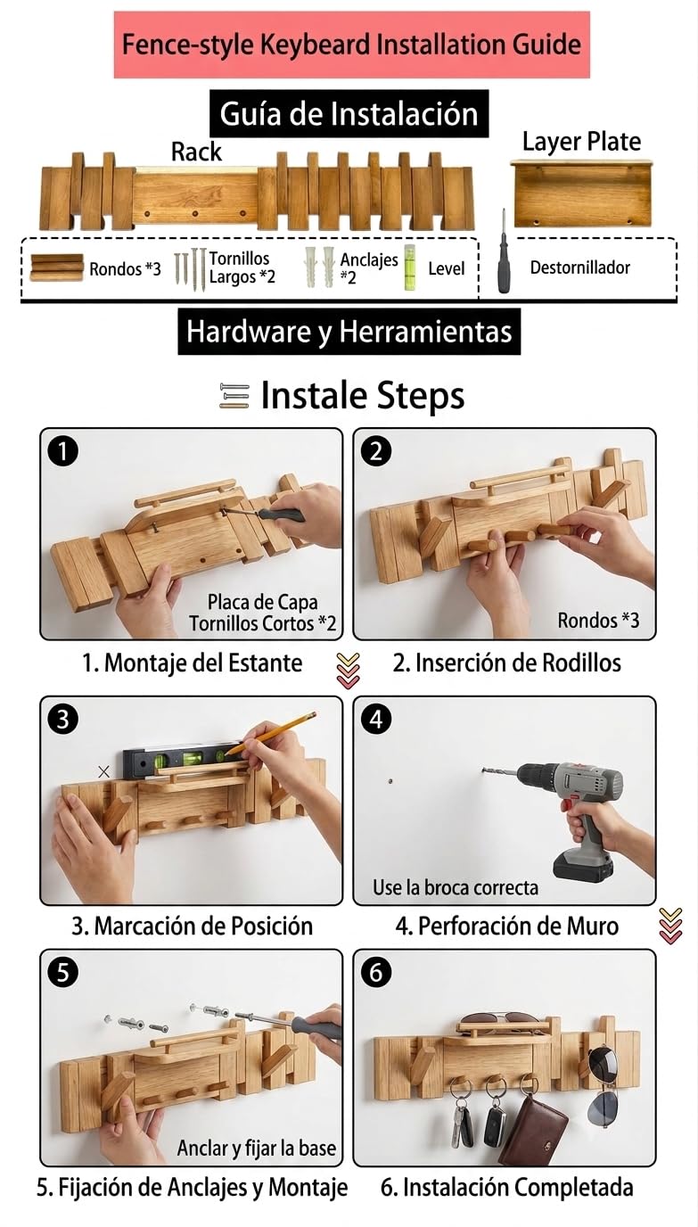 Perchero de Pared de Bambú Natural con Estante y Ganchos Plegables - Colgador de Pared Abatible Organizador para Entrada, Recibidor, Salón y Dormitorio 60cm.