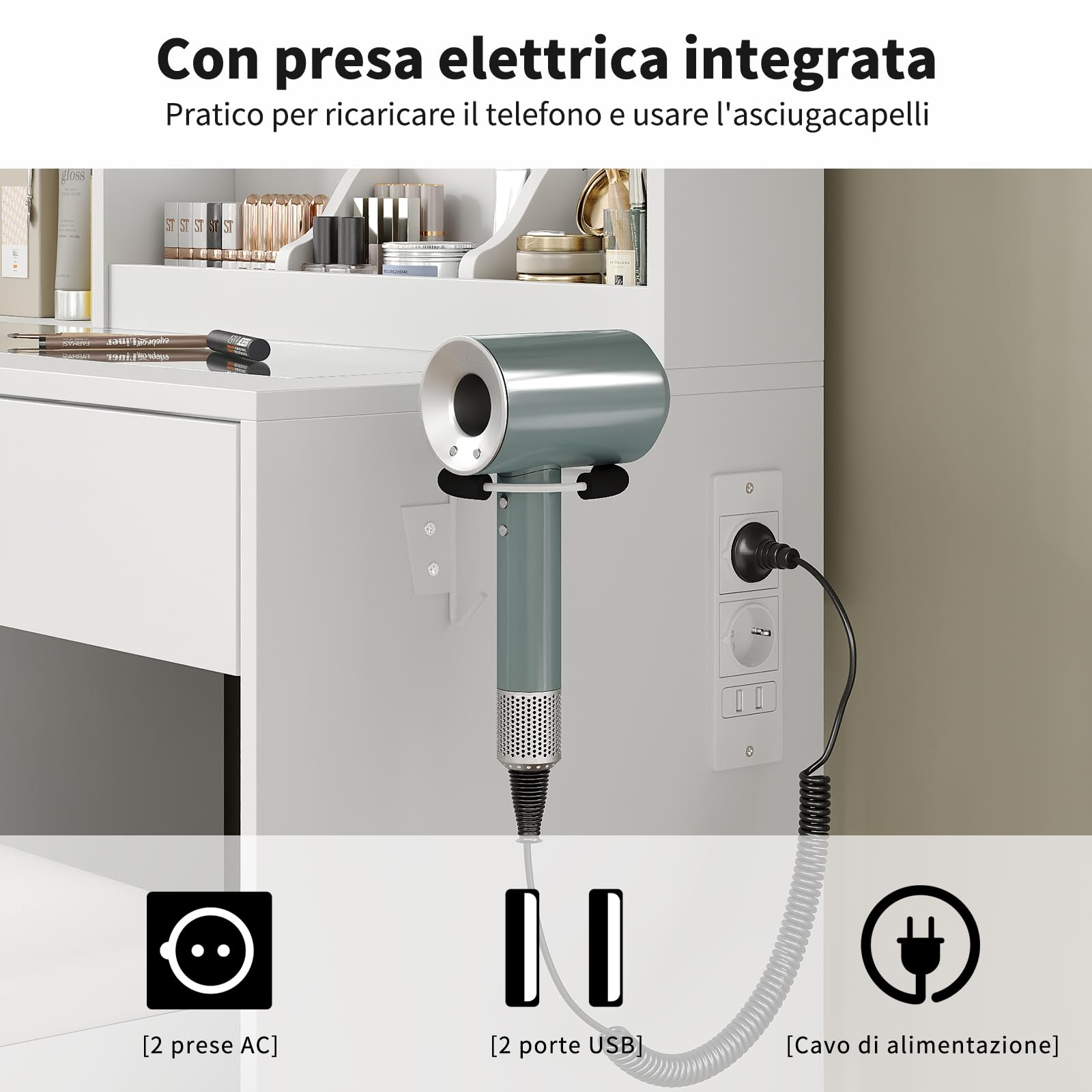 Yanosaku Tavolo da trucco con specchio, con illuminazione LED a tre colori regolabile e prese elettriche, 6 cassetti, 3 armadietti e 7 ripiani aperti, tavolo da trucco bianco con sgabello