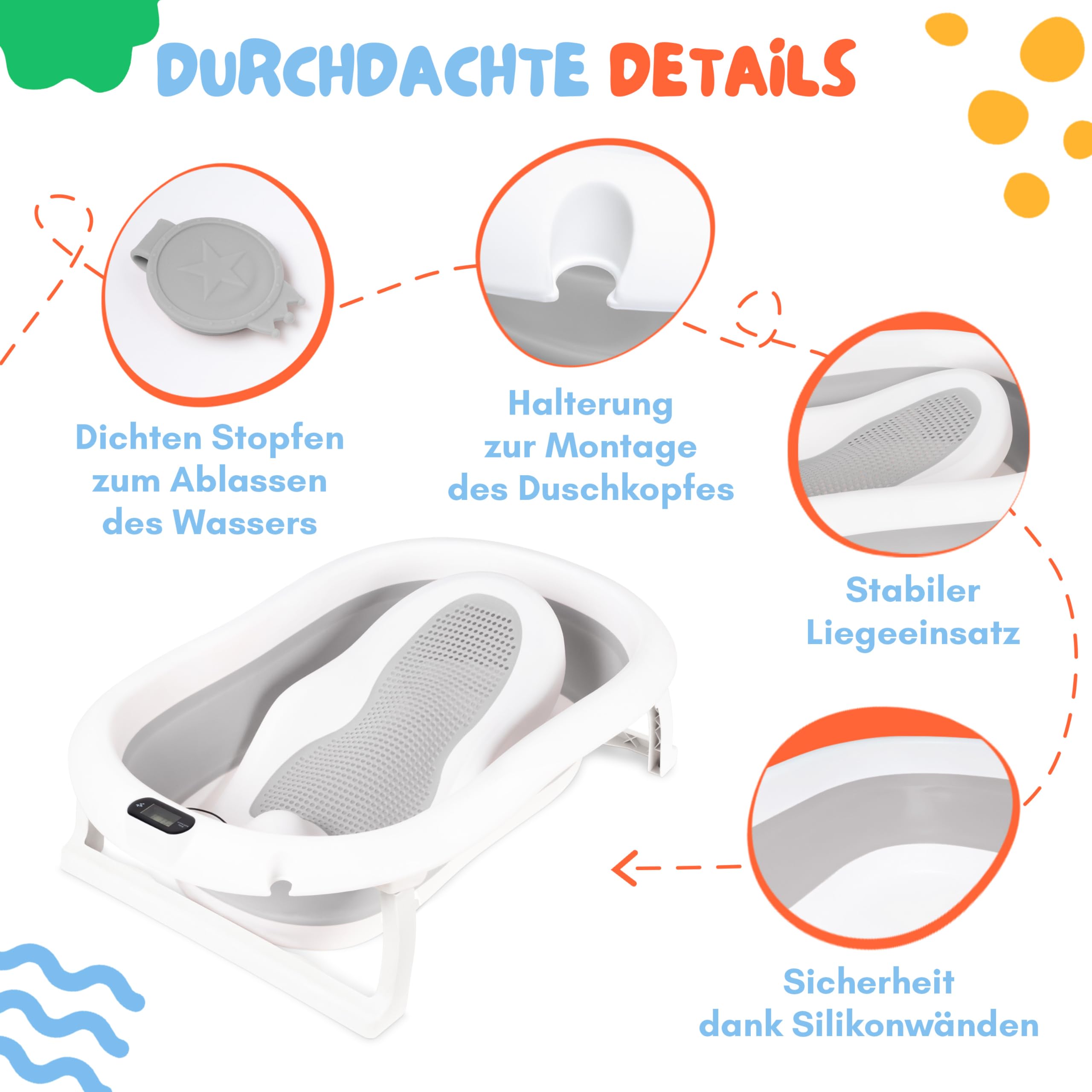 Baby Badewanne 80cm - Babybadewanne Faltbar Grau 0-36 Monate | mit Thermometer und Badesitz Baby Bathtub für Kinder Kinderbadewanne Tragbare