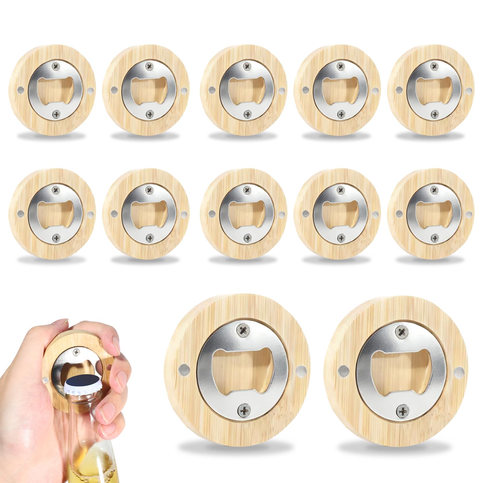 Abrebotellas de Madera Magnéticos Redondos de Acero Inoxidable Portátiles 12 Piezas