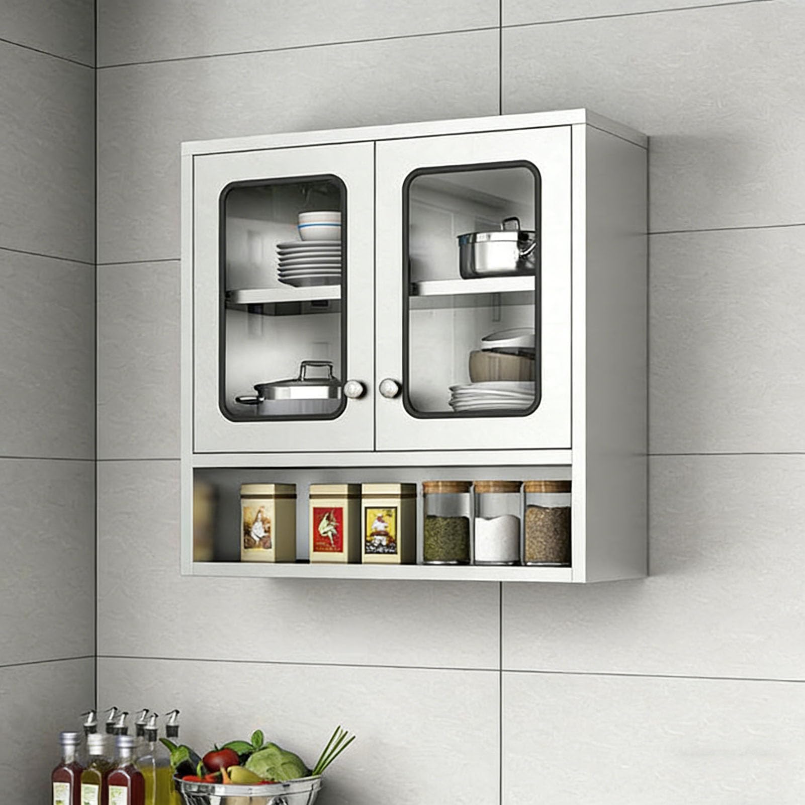 Armario de cocina de acero inoxidable con puertas de cristal y estantes ajustables para pared