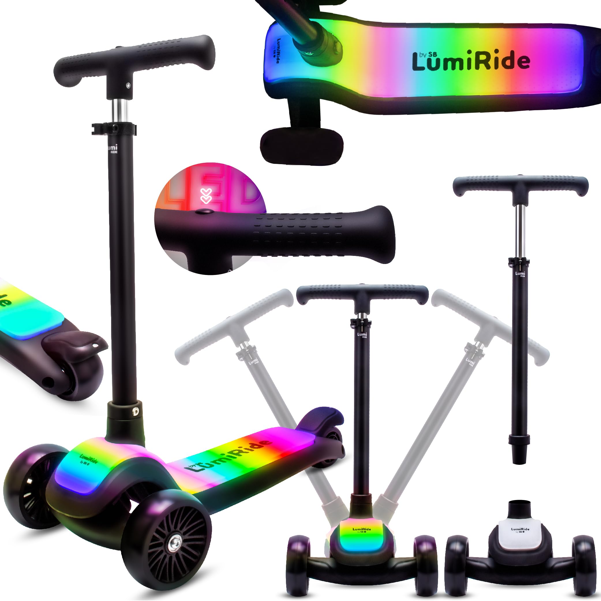 LUMI Ride Patinete niño Tres Ruedas Infantil Balance LED 3+, Plegable, Manillar Ajustable, Freno de Pie, Plataforma Antideslizante, Manillar Desmontable