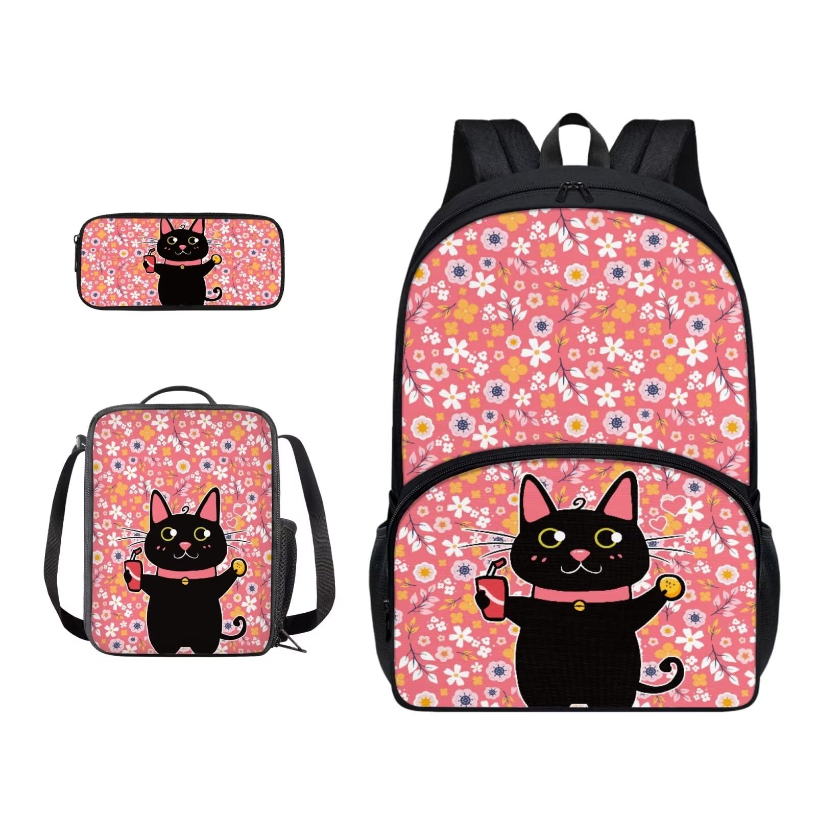 Poceacles Schultasche und Lunchbox-Set für Teenager, Jungen, Grundschule, Büchertasche, Federmäppchen für Grundschulkinder, Katzen Blumen, Einheitsgröße