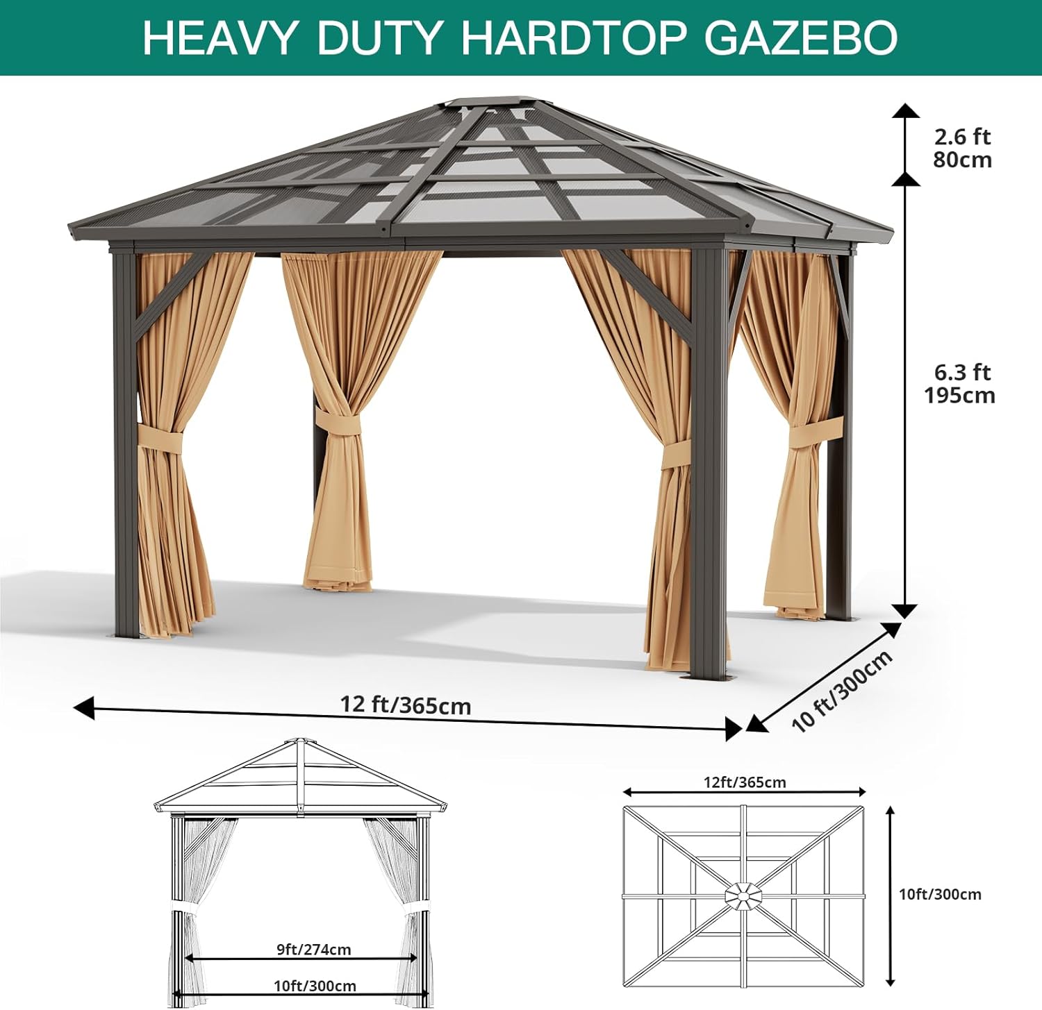 10'x12' Hardtop Gazebo, Outdoor Polycarbonate Single Roof Canopy, Aluminum Frame Permanent Pavilion with Curtains and Netting, Sunshade for Garden, Patio, Lawns