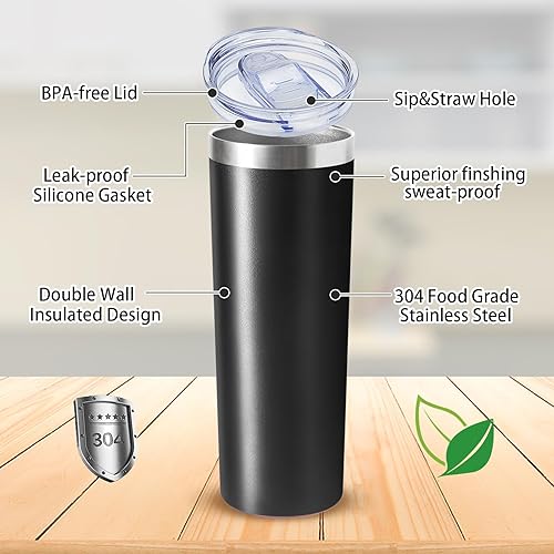 Miniatura 3 de Vaso térmico de acero inoxidable aislado al vacío de doble pared con tapa y popote, para bebidas calientes y frías (negro, 8)