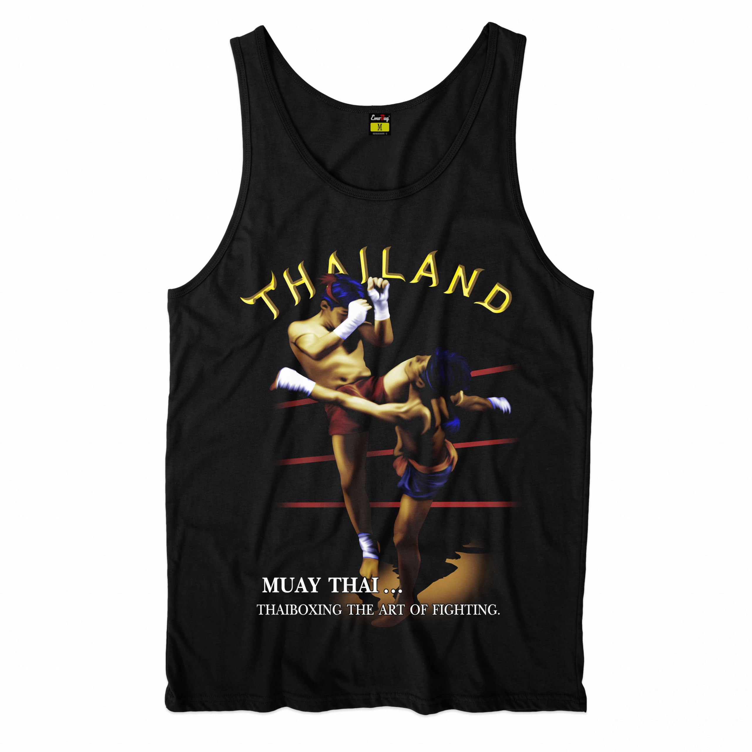 Muay Thai Tank Top for Men Authentic Thai Boxing Training Gear, Black Art, Medium