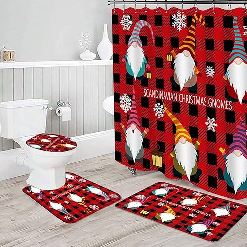 Miniatura 80 de Juego de 4 cortinas de ducha con alfombra antideslizante, cubierta para tapa de inodoro y tapete de baño, cortina de ducha de Papá Noel con 12 Papá