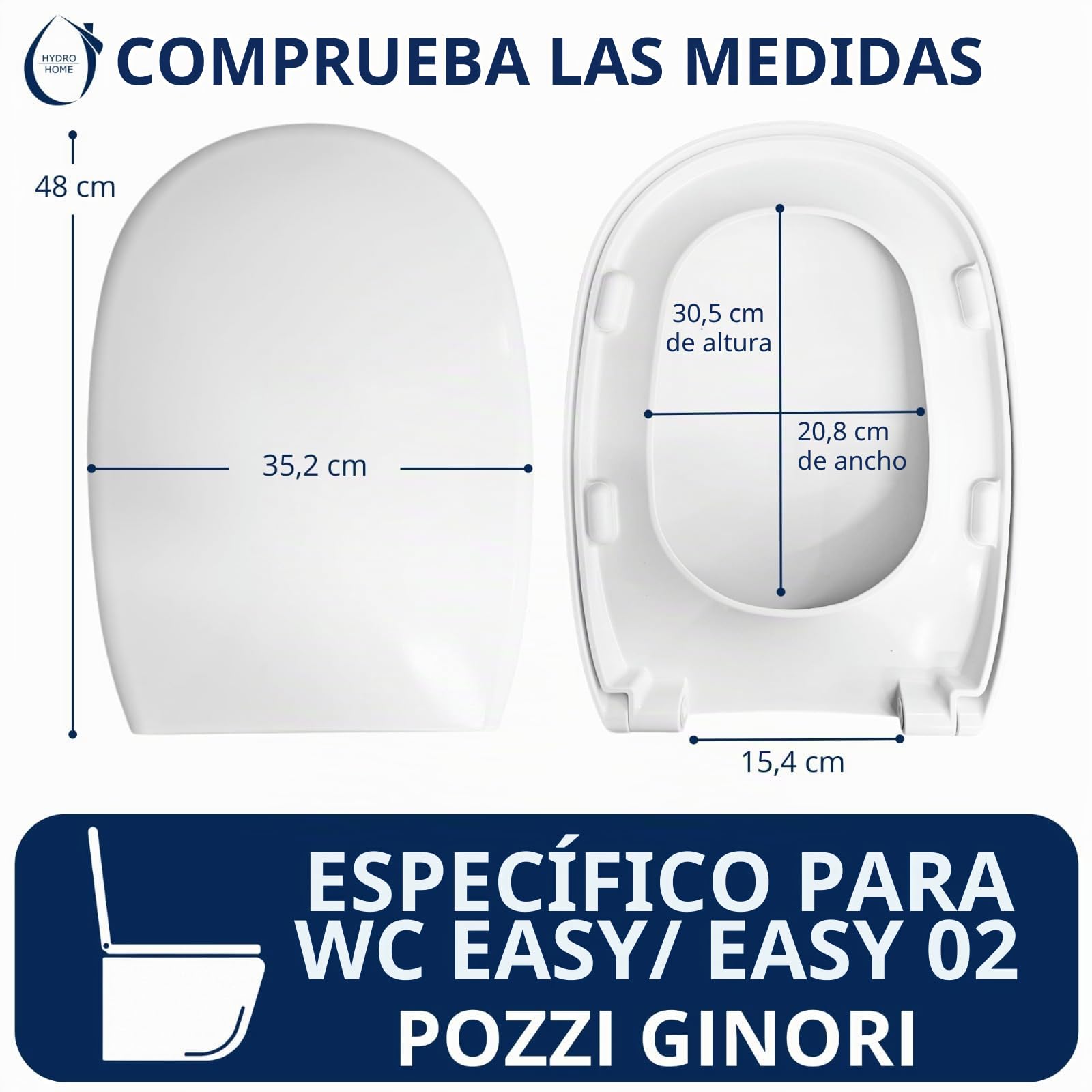HYDRO HOME Tapa WC Pozzi Ginori Easy y Easy 02 como la original, asiento de inodoro en material termoestable, tapa de váter con bisagras de fijación superior, MADE IN ITALY (CIERRE CLASICO)