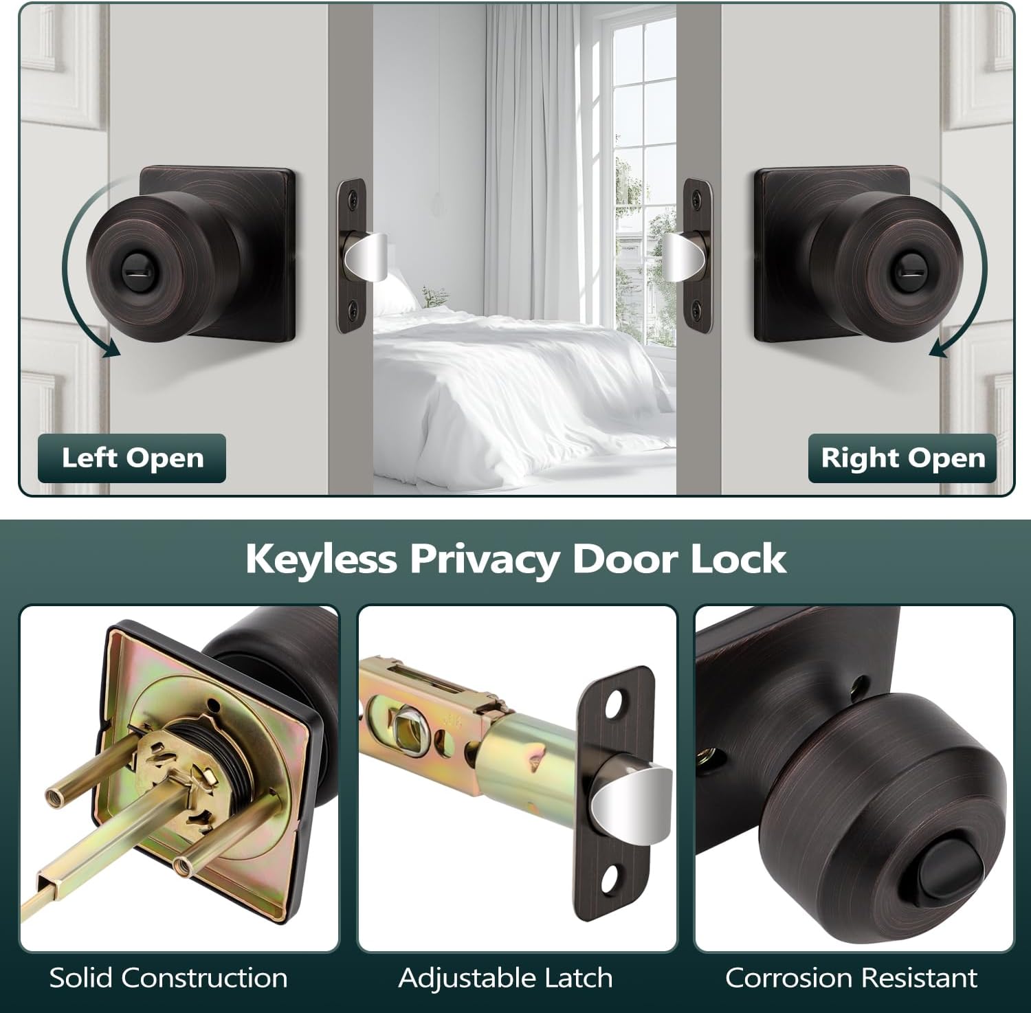 EHOMEWARE 5 Pack Bronze Door Handles, Interior Door Knobs with Lock | Keyless Privacy Door Knob | Round Bedroom/Bathroom Door Knobs | Fit Both Left and Right Handed Doors, Square Base Plate