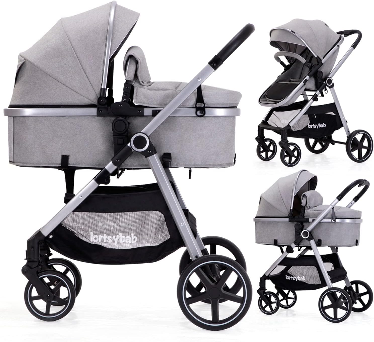 2-in-1 Baby Stroller - Folding Infant Newborn Pram Stroller with Reversible Seat - Toddler Strollers for 0-36 Months Old Babies (Grey)