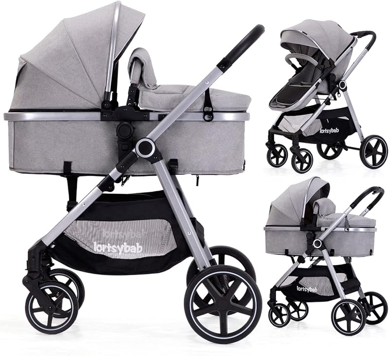 Lortsybab 2-in-1 Baby Stroller - Folding Infant Newborn Pram Stroller with Reversible Seat - Toddler Strollers for 0-36 Months Old Babies (Grey)
