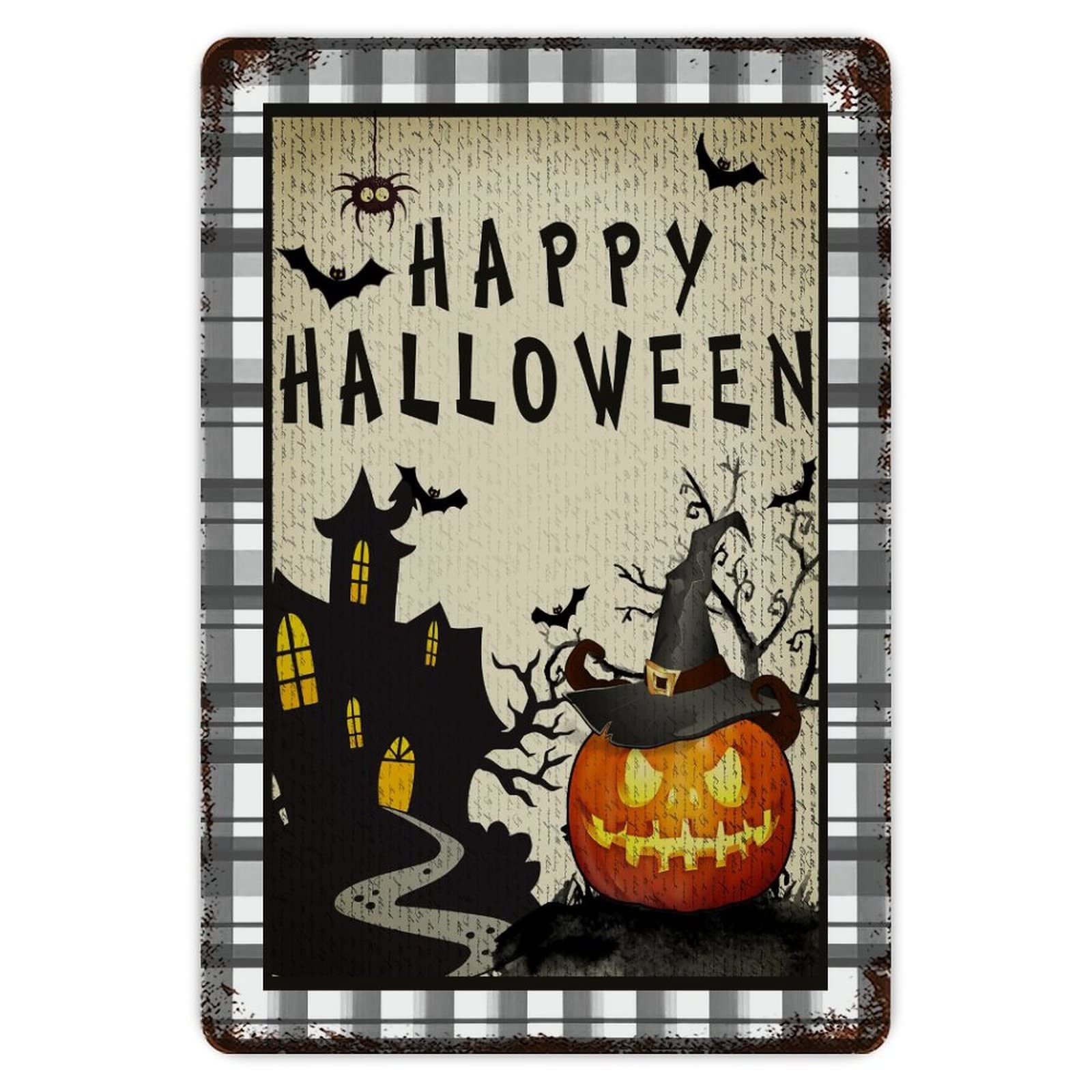 ENEDNATE Buffalo Plaid Happy Halloween Pumpkin Bats Spiders Ghost Moon Aluminum Tin Metal Sign for Indoor Outdoor Business Retail Store Patio Yard Home Decor Wall Art Print Poster 8"x12"