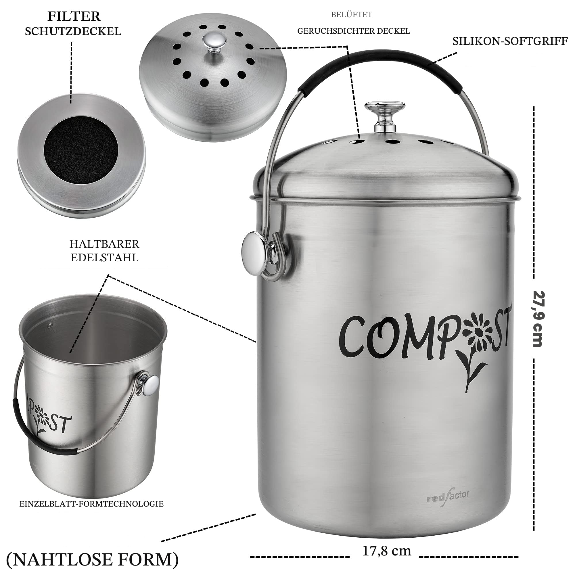 RED FACTOR Deluxe Kompostbehälter Küche Aus Edelstahl Geruchlos - Bio Mülleimer - Inklusive Kostenlosen Aktivkohlefiltern (Matt Designer, 5 Liter)