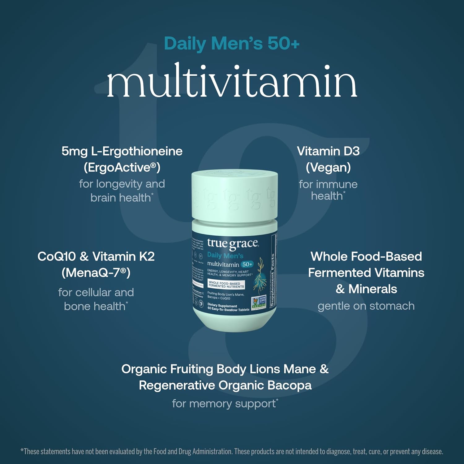 True Grace Daily Men’s Multivitamin 50+ - 60 Easy-to-Swallow Tablets - Immune, Energy, Longevity & Memory Support - Gluten Free, Soy Free, Vegan - 30 Servings - Image 3
