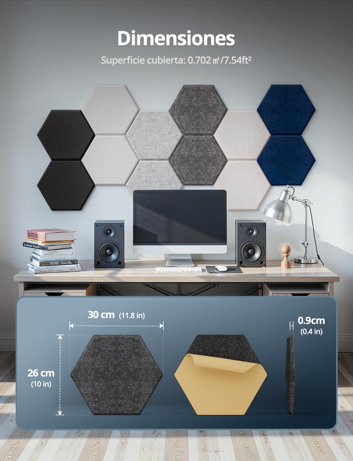 Kuchoow Paneles Acusticos Hexagonales Decorativos Pared Autoadhesivo, 12 piezas placas acustica pared y reducción de sonido eco para estudio, grabacion, puerta y techo, 30 x 26 x 0,9 cm, Gris oscuro