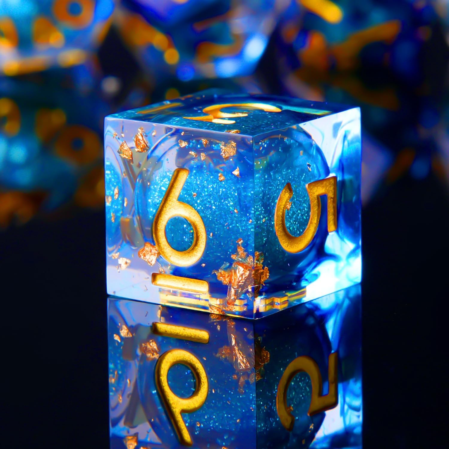 YEMEKO Liquid Core DND Dice - Sharp Edge Handmade Dice Set for Dungeons and Dragons Ttrpg, Multi-Sided RPG Polyhedral Resin Roleplaying(Blue Gold)