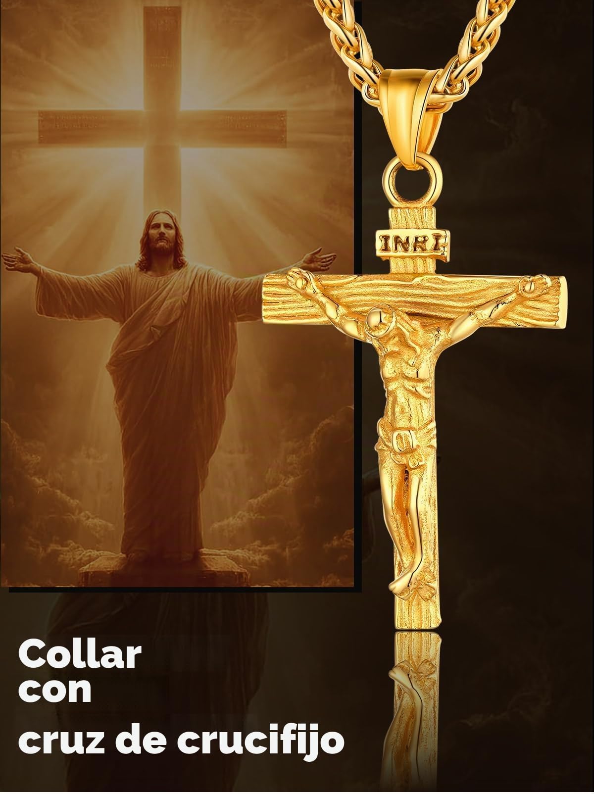 U7 Colgante Cruz Hombre de Acero Inoxidable Collar Cruz de Jesús con Cadena Espiga Ajustable 56+5cm Plateado/Dorado/Negro/Oro Rosa, Joyería Religiosa Crucifijo Colgante para Hombre y Mujer