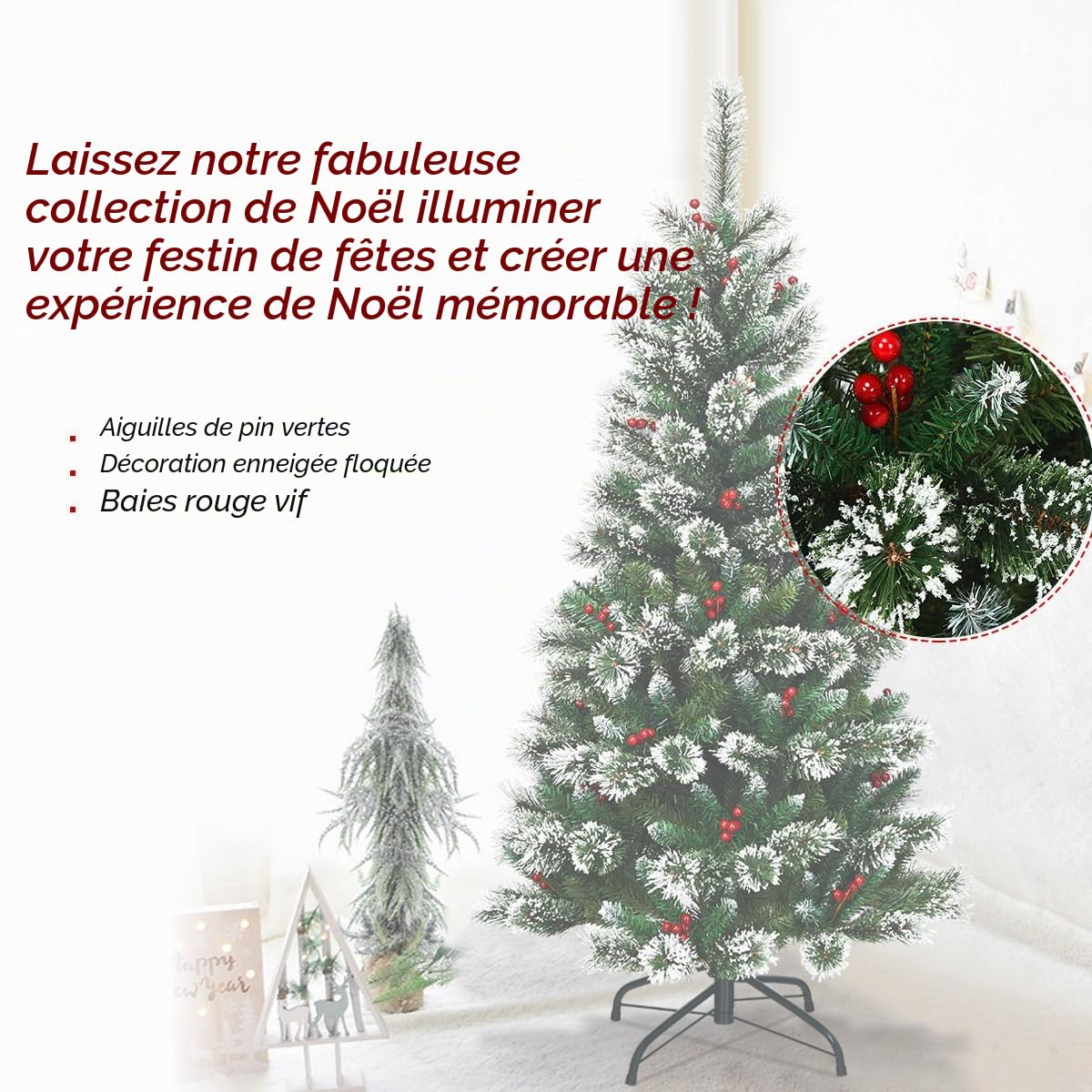 KOMFOTTEU 150 cm Arbre de Noël Artificiel, Neigeux avec Pommes de Pin | Sapin de Noël à Ouverture automatique avec Base en métal, Arbre de Décoration de Noël en PVC