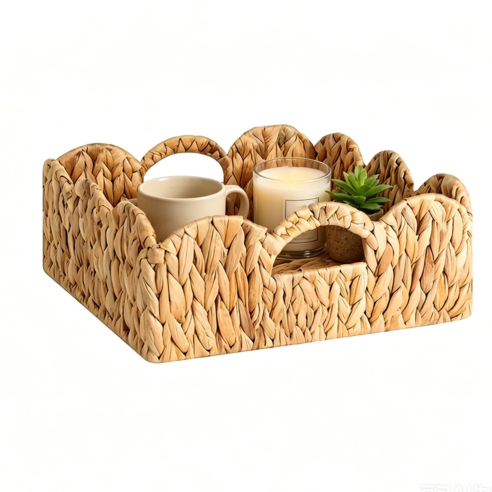 Caja de fibra natural, jacinto de agua, con borde de encaje, cesta de almacenamiento decorativa