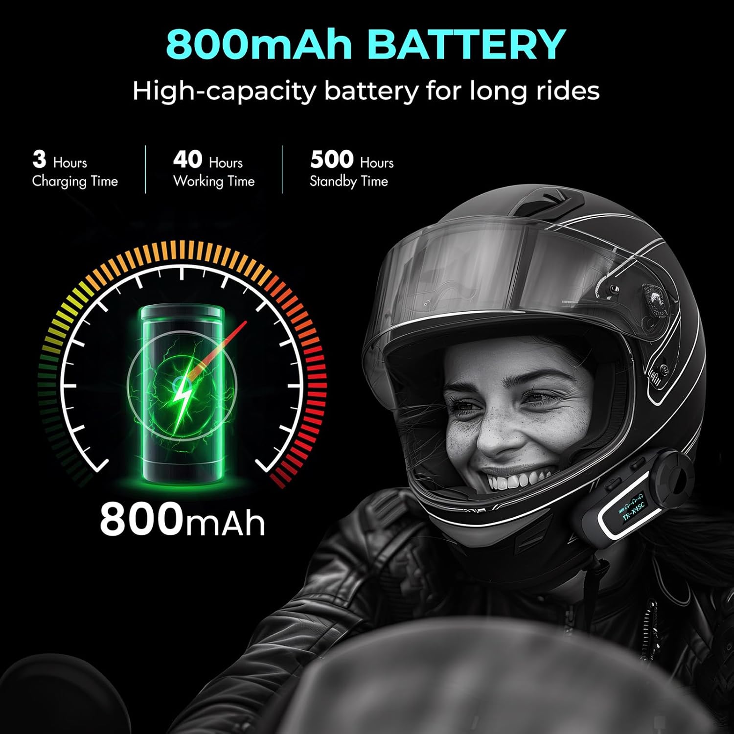 Illustration of the 800mAh battery life, showing 3 hours charging time, 40 hours working time, and 500 hours standby time.
