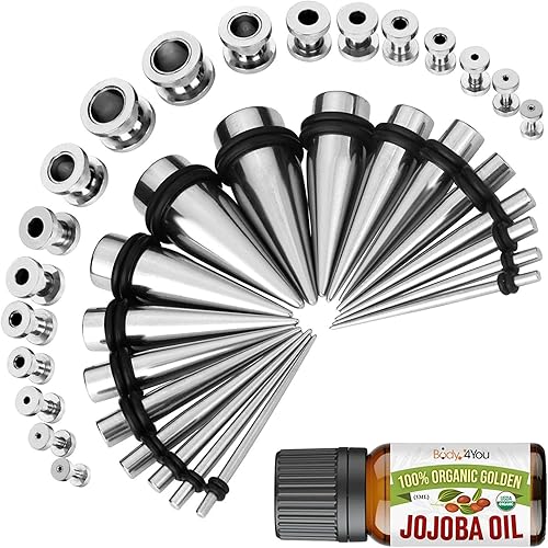 Miniatura 35 de BodyJ4You kit de 37 piezas de diferente calibre para dilatar perforaciones de oreja, aceite de jojoba, 14G-00G, acero quirúrgico Negro